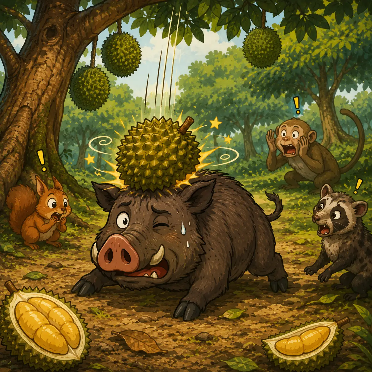 Gambar durian jatuh keatas babi hutan. ouch!